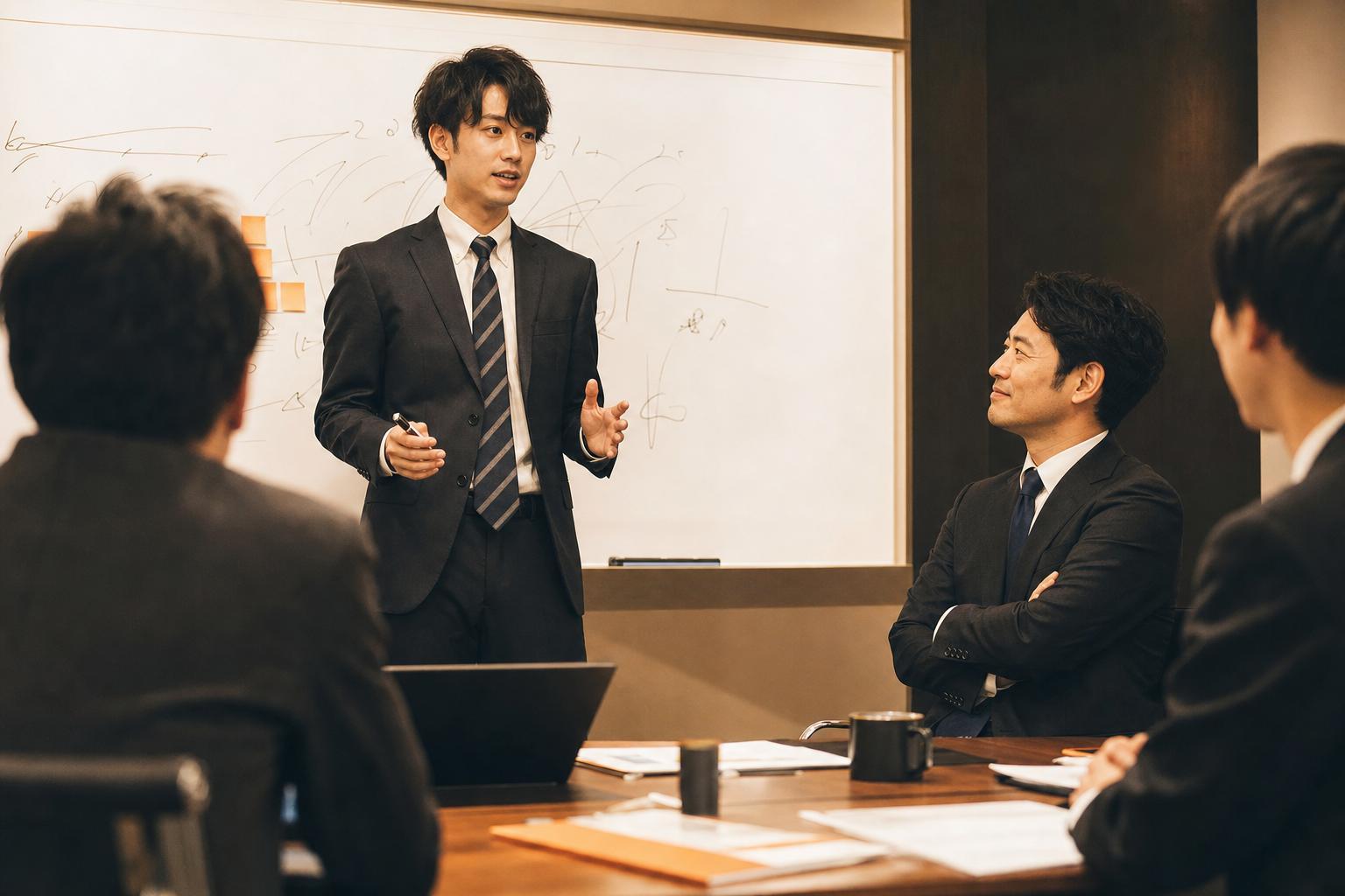 会議室で若手社員が提案を発表する様子