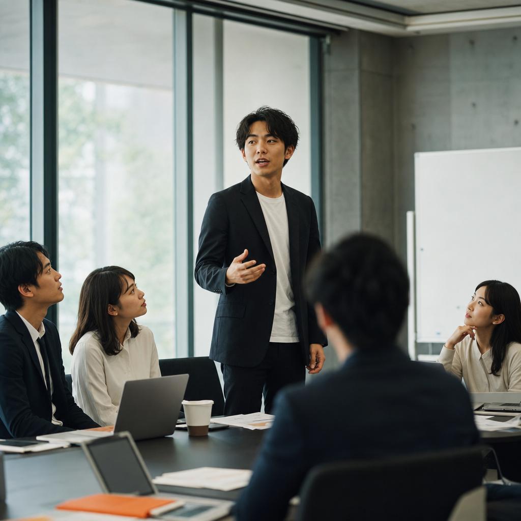 会議で立ち上がって発言する若手社員