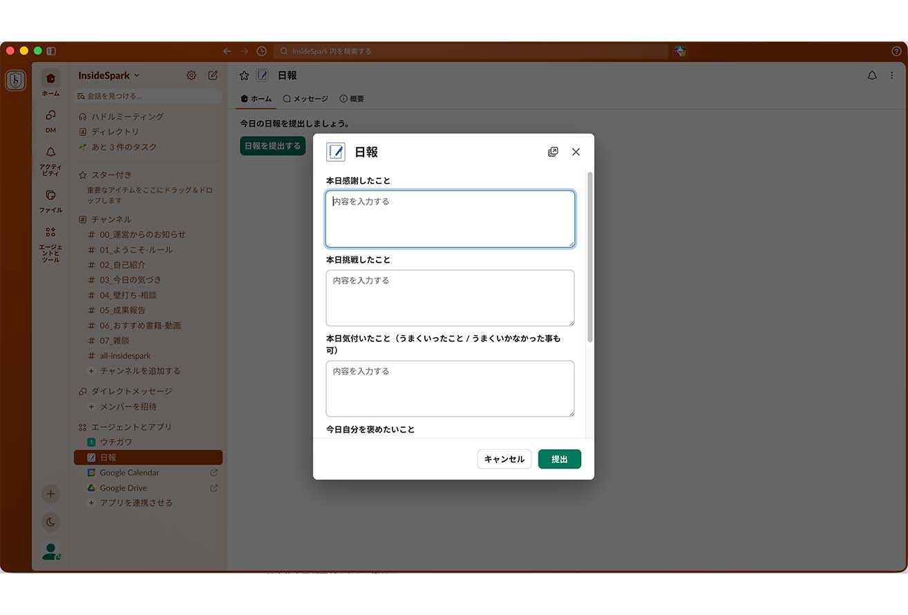 Slackに提出する日報の実際の入力画面